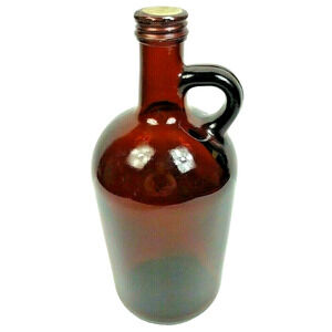 Vintage Quart Amber Glass Jug Finger Loop with Metal Lid Growler Syrup 8.5"